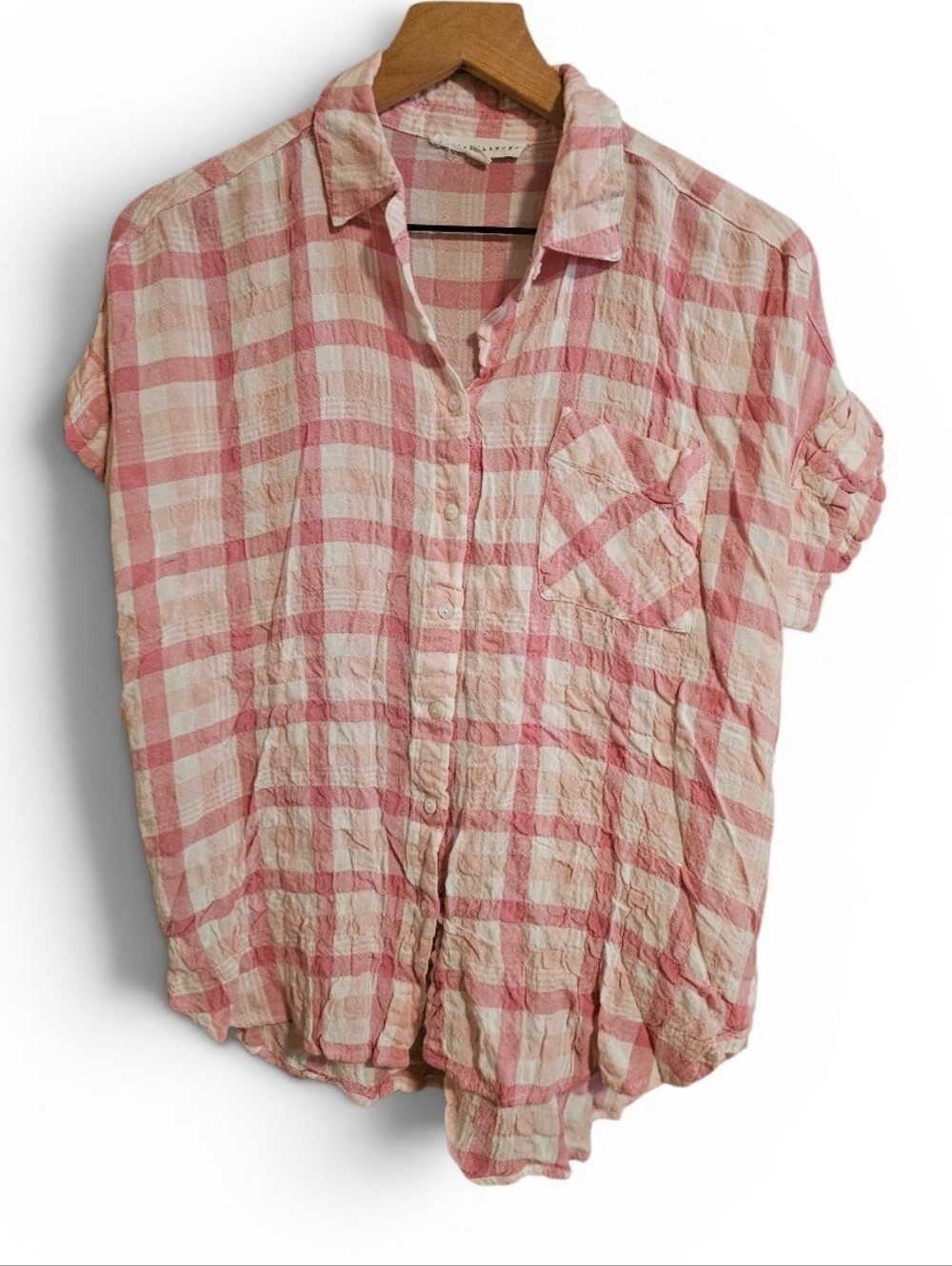 JONE + DELANCEY Pink White Checker Crinkle Gauze Button Down - Small